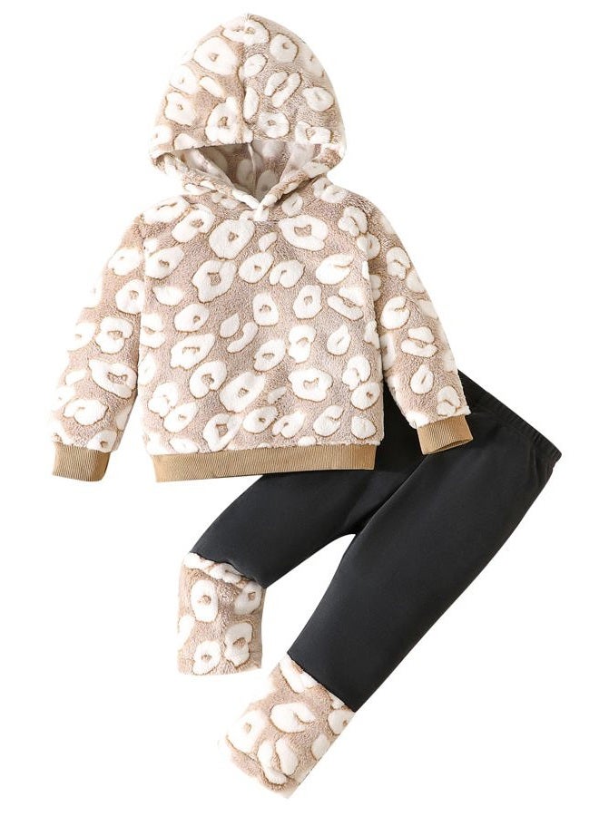 Jecson Baby Girl Winter Clothes Fleece Hoodie & Thermal Pants Set Toddler Girl Fall Outfits Cute Prints Infant Clothing, Beige, 12-18 Months - Image 1