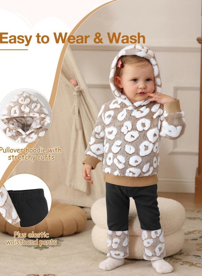 Jecson Baby Girl Winter Clothes Fleece Hoodie & Thermal Pants Set Toddler Girl Fall Outfits Cute Prints Infant Clothing, Beige, 12-18 Months - Image 3