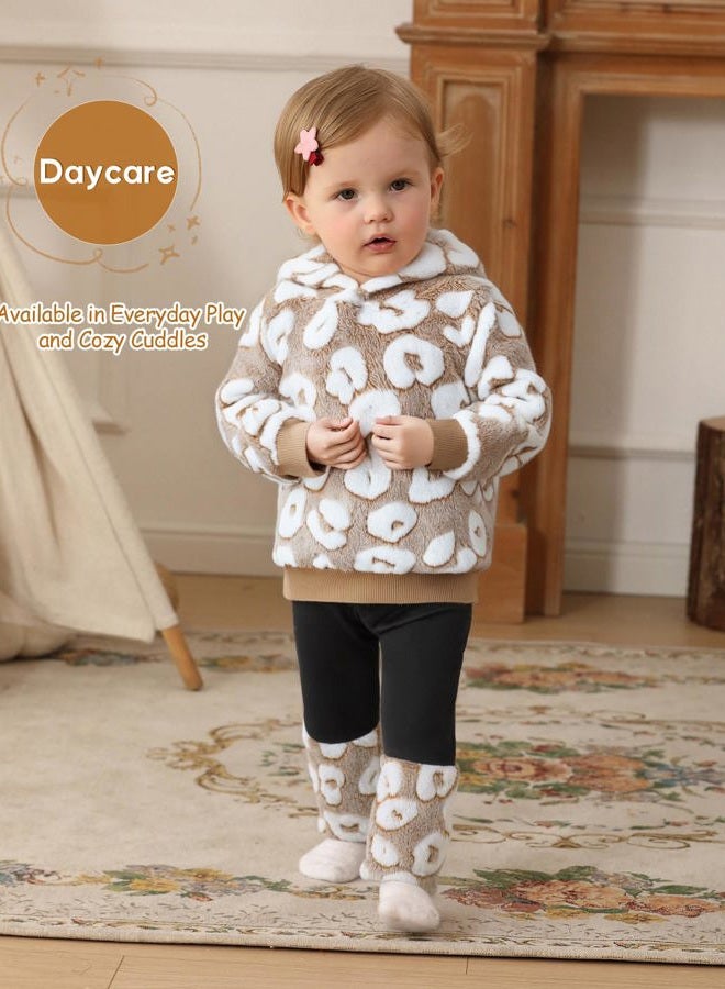 Jecson Baby Girl Winter Clothes Fleece Hoodie & Thermal Pants Set Toddler Girl Fall Outfits Cute Prints Infant Clothing, Beige, 12-18 Months - Image 2
