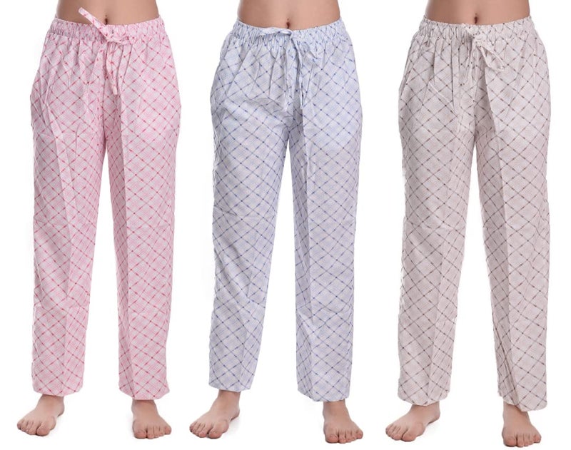 CIERGE Women's Cotton Cheque Printed Pyjama/Casual Style Pajama Trackpant Loungewer (Red, Blue, Brown; Pack Of 3) - Image 1