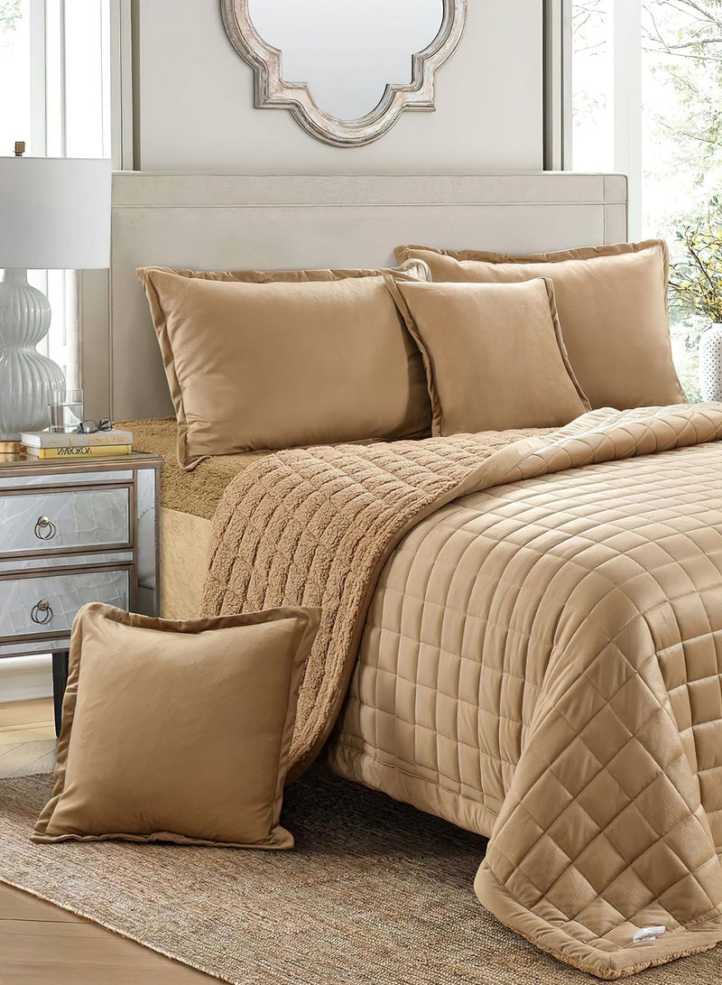 Ming Li 6 Pieces Sherpa Fleece Reversible Winter Comforter Set King Size 220x240 Cm Bedding Set Dual Side Square Stitched Pattern Light Brown  - Image 2