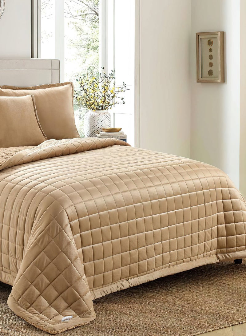 Ming Li 6 Pieces Sherpa Fleece Reversible Winter Comforter Set King Size 220x240 Cm Bedding Set Dual Side Square Stitched Pattern Light Brown  - Image 4