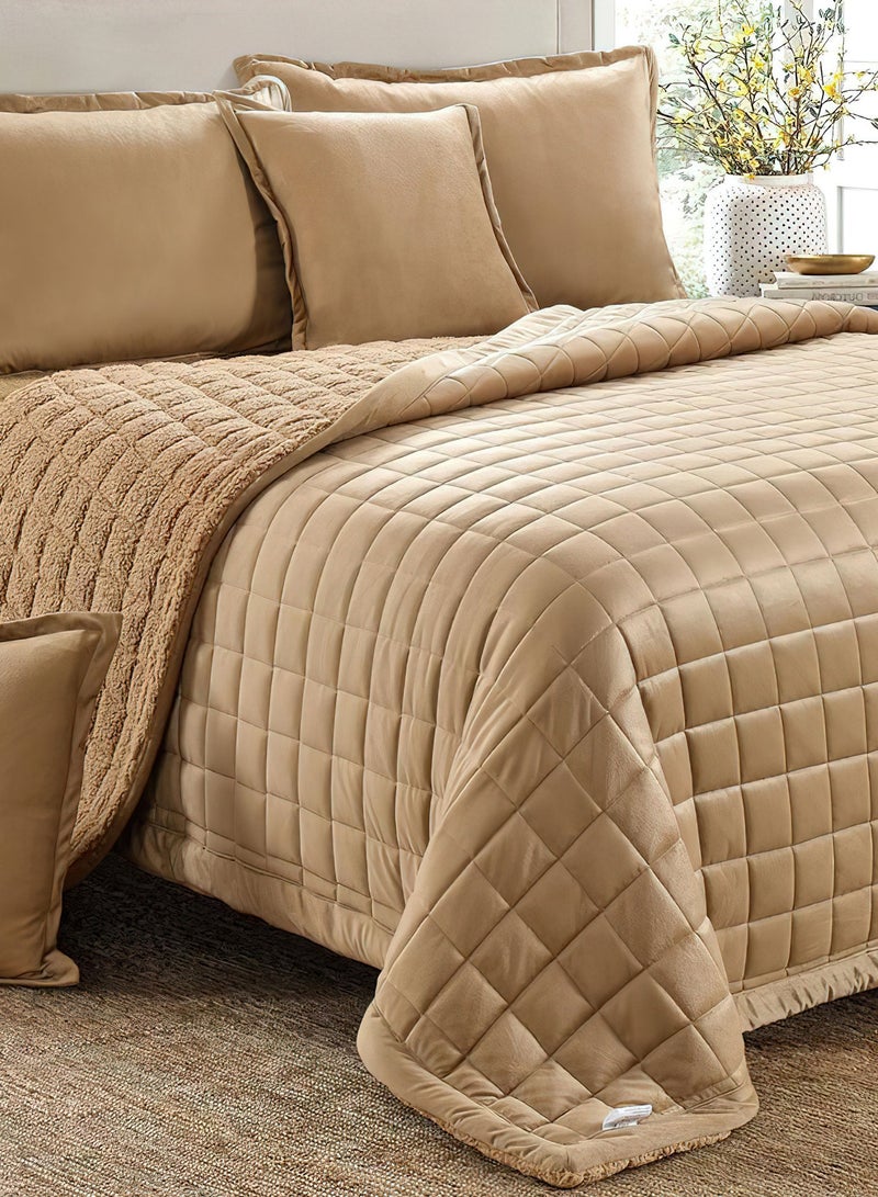 Ming Li 6 Pieces Sherpa Fleece Reversible Winter Comforter Set King Size 220x240 Cm Bedding Set Dual Side Square Stitched Pattern Light Brown  - Image 3