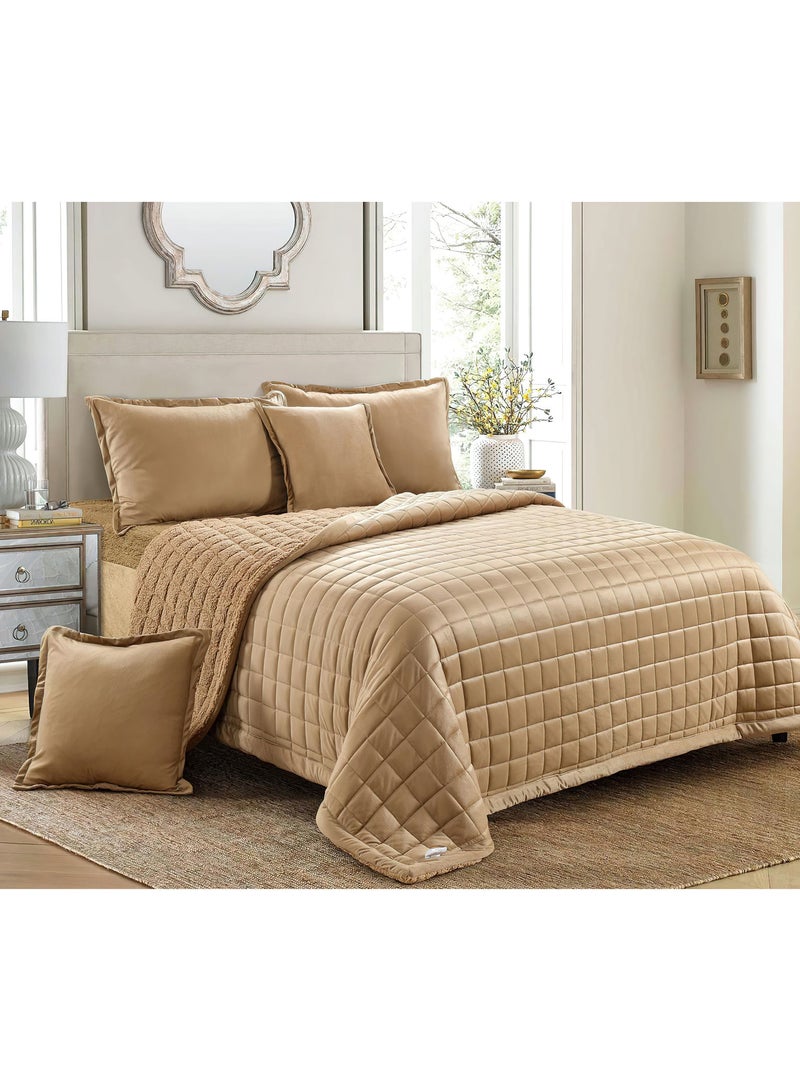 Ming Li 6 Pieces Sherpa Fleece Reversible Winter Comforter Set King Size 220x240 Cm Bedding Set Dual Side Square Stitched Pattern Light Brown  - Image 1