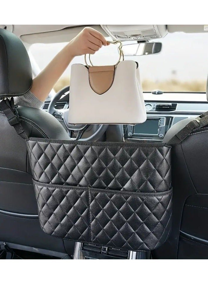 1 Piece Organizer Holder and Storage Pockets that are fixed between the driver seat and the passenger seat. Useful for organizing the driver's personal items so that they are close to him and at hand to reduce distraction while driving. The organizer has two sides, front and back, serving the driver and passenger, and additional back pockets serving the passengers in the back. Use it to place and store your bag, wallet, iPad, tablet, umbrella, water bottle case, book, or any accessory you want to have next to you. It can also be used as a barrier to prevent children or pets from climbing to the front of the front seat when you are focused on the organized road. Black leather color, easy to install. Important note: Some cars are not suitable for this product, such as cars that do not have an armrest box between the driver and passenger seats, or cars that have an armrest but are open without a closing door. In this case, the product installation will not be effective. - Image 1