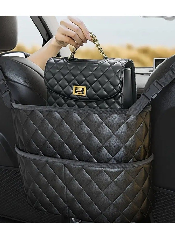 1 Piece Organizer Holder and Storage Pockets that are fixed between the driver seat and the passenger seat. Useful for organizing the driver's personal items so that they are close to him and at hand to reduce distraction while driving. The organizer has two sides, front and back, serving the driver and passenger, and additional back pockets serving the passengers in the back. Use it to place and store your bag, wallet, iPad, tablet, umbrella, water bottle case, book, or any accessory you want to have next to you. It can also be used as a barrier to prevent children or pets from climbing to the front of the front seat when you are focused on the organized road. Black leather color, easy to install. Important note: Some cars are not suitable for this product, such as cars that do not have an armrest box between the driver and passenger seats, or cars that have an armrest but are open without a closing door. In this case, the product installation will not be effective. - Image 2