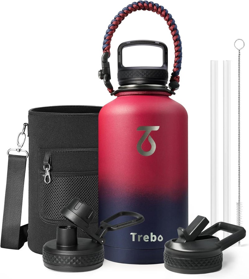 Trebo زجاجة ماء تريبو نصف جالون مع مقبض باراكورد 64 أونصة، واسعة الفم معزولة مزدوجة الجدار من الفولاذ المقاوم للصدأ، قارورة رياضية كبيرة تحافظ على السخونة لمدة 24 ساعة والبرودة لمدة 48 ساعة مع 3 أغطية، أومبري: أحمر ياقوتي - Image 1