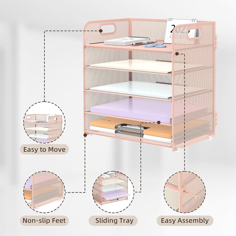 SUPEASY 2 Pack 5-Tier Pink Desk Organizer with Handle Mesh Desk File/Paper Organizer Letter Tray for Office, School, Classroom and Home Easy Installation - Image 3