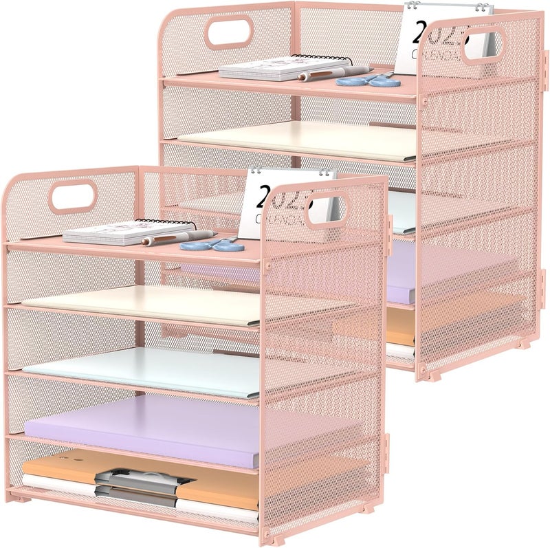 SUPEASY 2 Pack 5-Tier Pink Desk Organizer with Handle Mesh Desk File/Paper Organizer Letter Tray for Office, School, Classroom and Home Easy Installation - Image 1