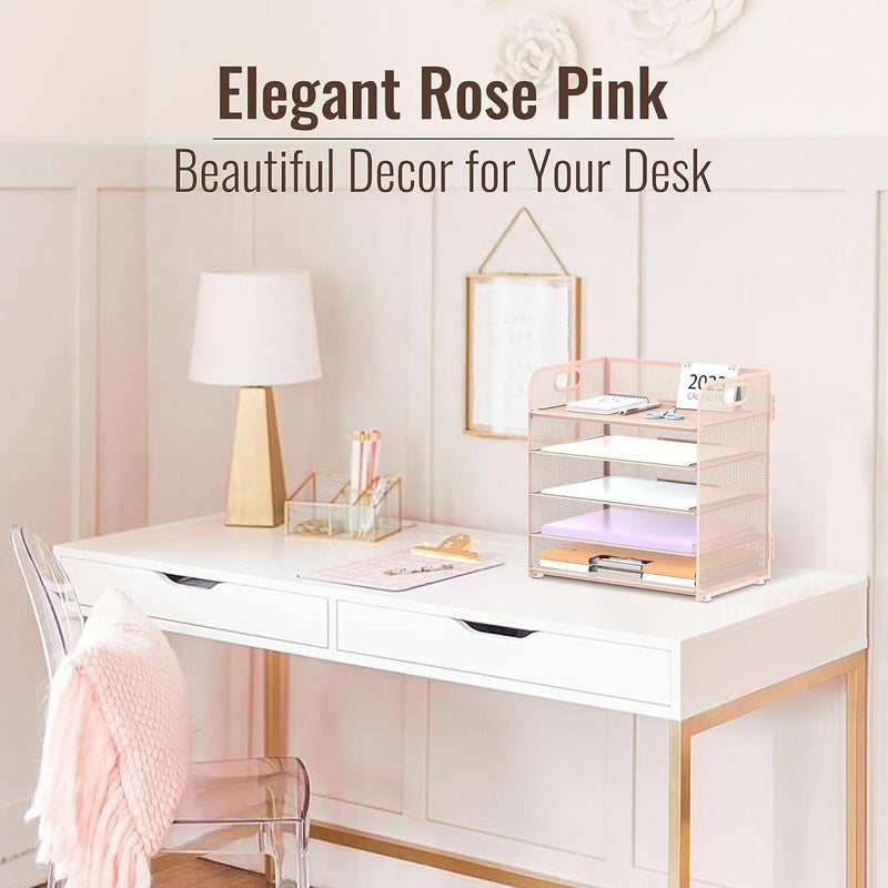 SUPEASY 2 Pack 5-Tier Pink Desk Organizer with Handle Mesh Desk File/Paper Organizer Letter Tray for Office, School, Classroom and Home Easy Installation - Image 2