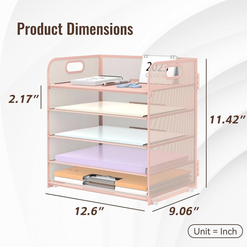SUPEASY 2 Pack 5-Tier Pink Desk Organizer with Handle Mesh Desk File/Paper Organizer Letter Tray for Office, School, Classroom and Home Easy Installation - Image 5