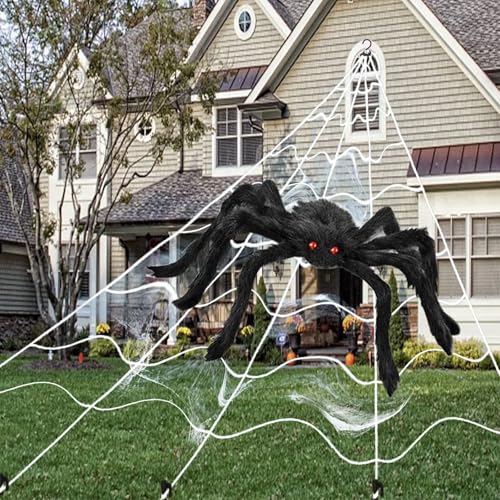 VLUSSO Novelty Toys for Playing Jokes Halloween Decorations Outdoor 16 FT Giant Spider Web 50 Large Spider Triangular Huge Spider Web and Stretch Cobwebs Yard Lawn Party Decor Props for Haunted - Image 1
