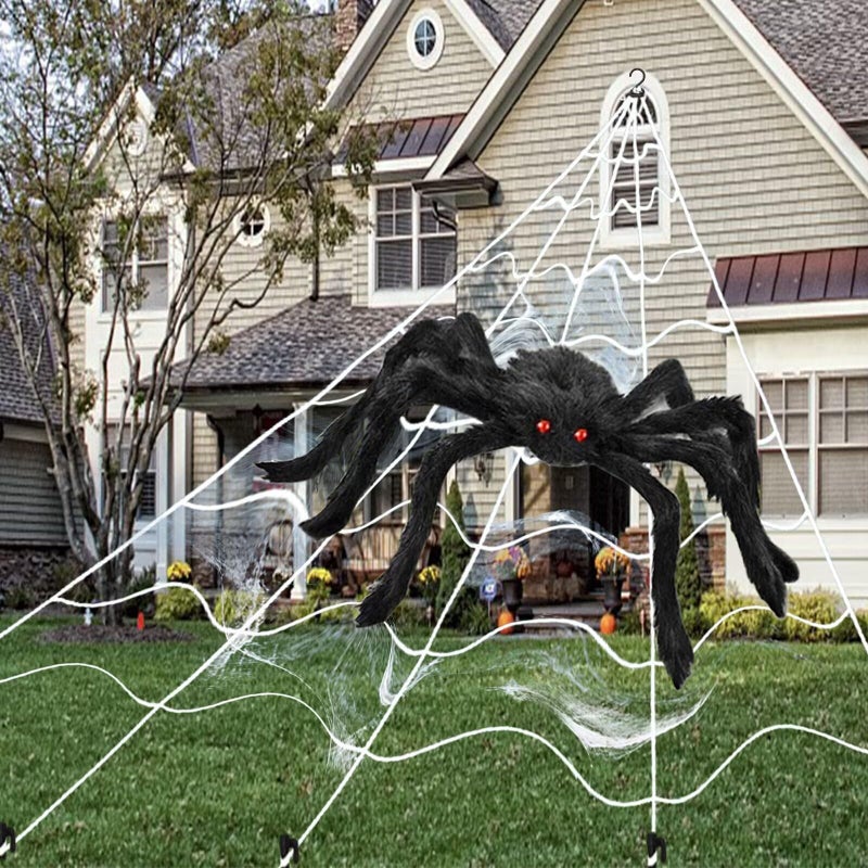 VLUSSO Novelty Toys for Playing Jokes Halloween Decorations Outdoor 16 FT Giant Spider Web 50 Large Spider Triangular Huge Spider Web and Stretch Cobwebs Yard Lawn Party Decor Props for Haunted - Image 2