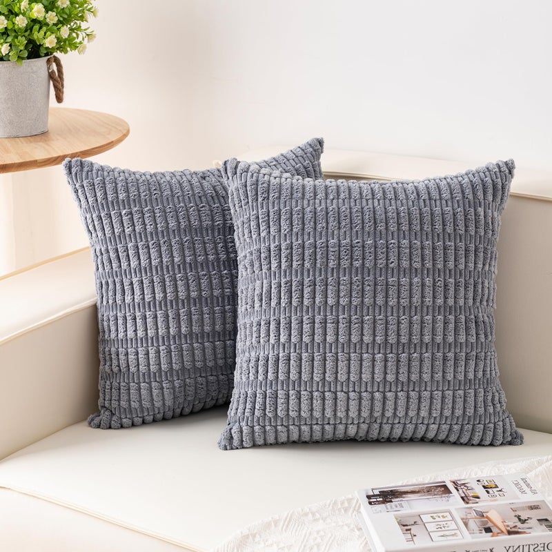 Aegero Pack of 2 Corduroy Decorative Throw Pillow Covers 18x18 InchSoft Boho Striped Pillow Covers Modern Farmhouse Home Decor for Sofa Living Room Couch Bed(Light Grey) - Image 1