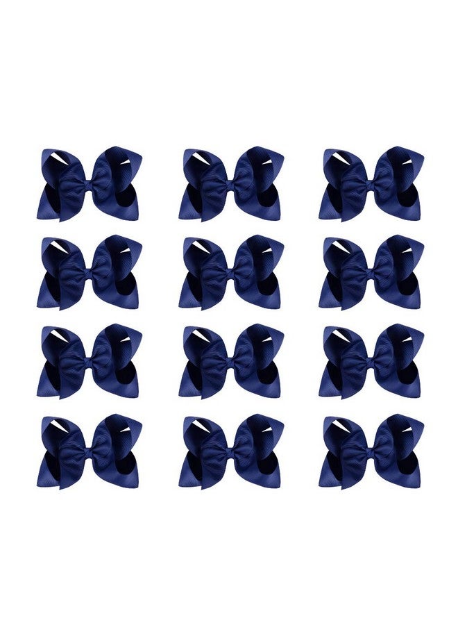 DEEKA 12 Pcs 6" Big Hand-Made Grosgrain Ribbon Hair Bow Alligator Clips Hair Accessories For Little Teen Toddler Girls - Navy Blue - Image 1