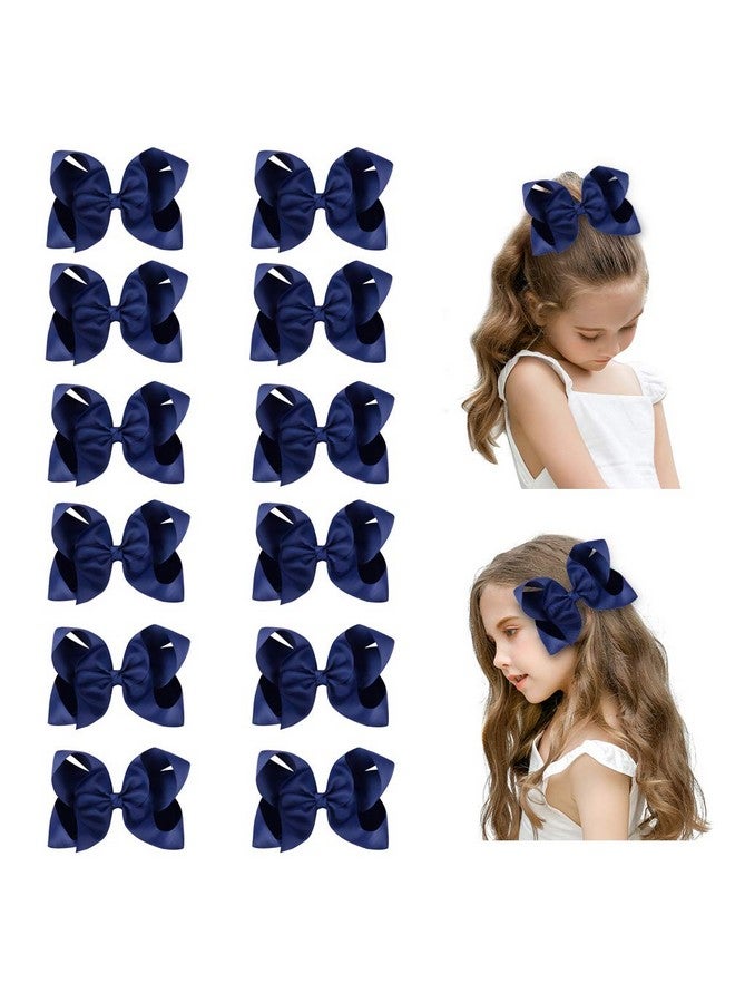 DEEKA 12 Pcs 6" Big Hand-Made Grosgrain Ribbon Hair Bow Alligator Clips Hair Accessories For Little Teen Toddler Girls - Navy Blue - Image 3