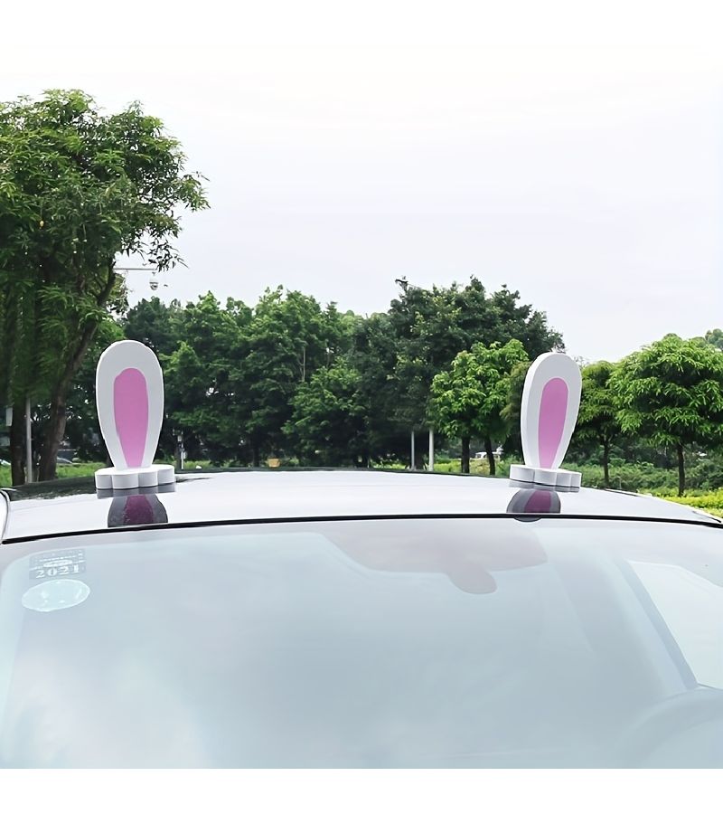 White Bunny Ears 3D Cat Rabbit Car Roof Decor Sticker - Image 2