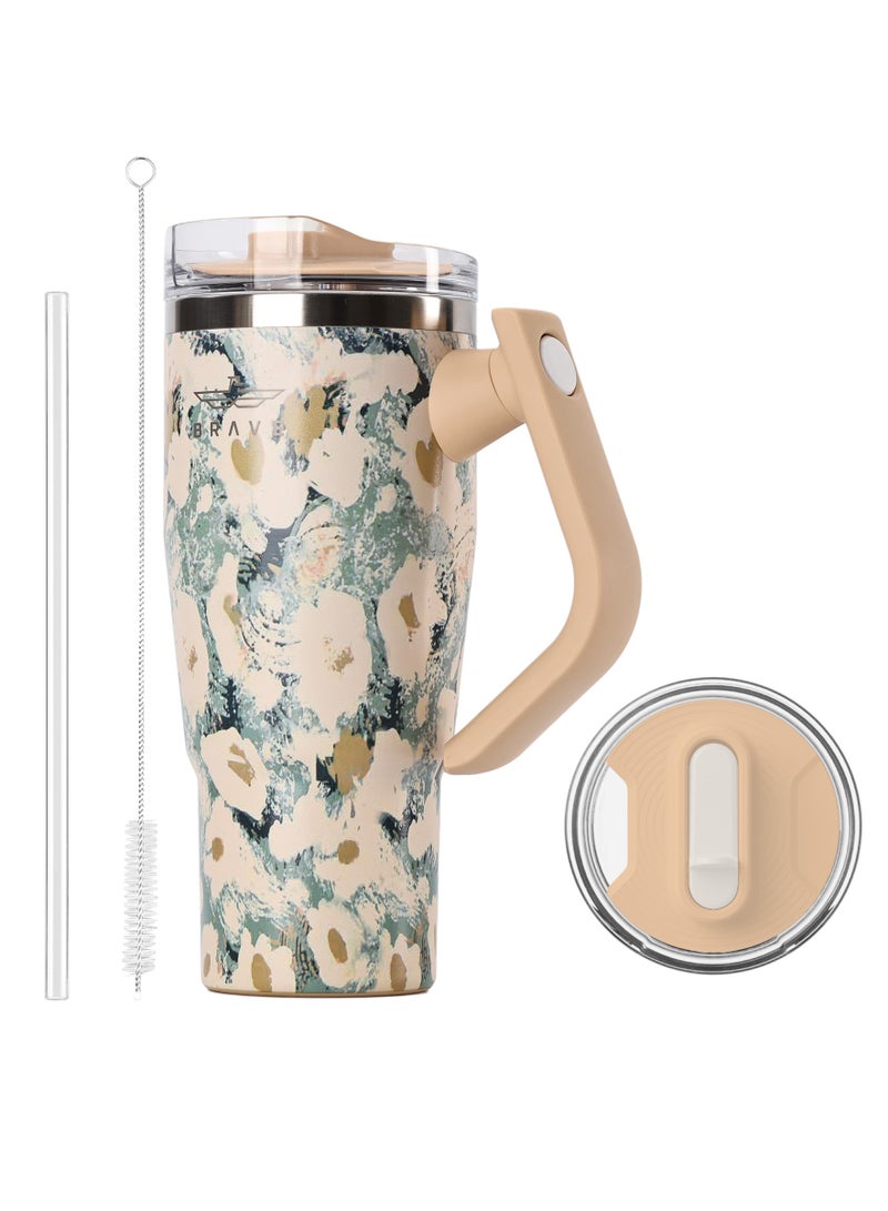 بريف تمب جارد تمبلر 950مل - 18/8 ستانلس ستيل ترافل ماج, ثيرمال كوفي كوب, 2-إن-1 ليكبروف ليد وذ سترو & روتيتينج هاندل, إنسوليتد هوت & كولد بيفيرج ماج, كار كوب هولدر كومباتيبيل, ديورابل & ريوسابل كوفي ترافل ماج (يلو روز) - Image 1