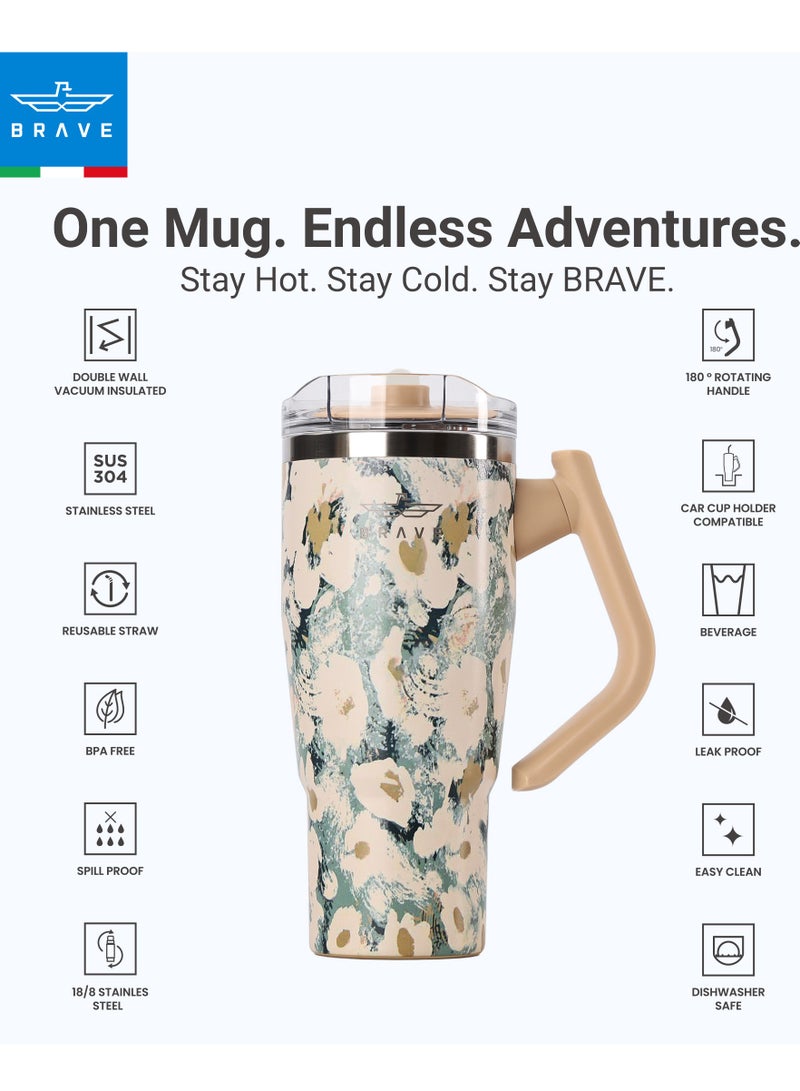 بريف تمب جارد تمبلر 950مل - 18/8 ستانلس ستيل ترافل ماج, ثيرمال كوفي كوب, 2-إن-1 ليكبروف ليد وذ سترو & روتيتينج هاندل, إنسوليتد هوت & كولد بيفيرج ماج, كار كوب هولدر كومباتيبيل, ديورابل & ريوسابل كوفي ترافل ماج (يلو روز) - Image 3