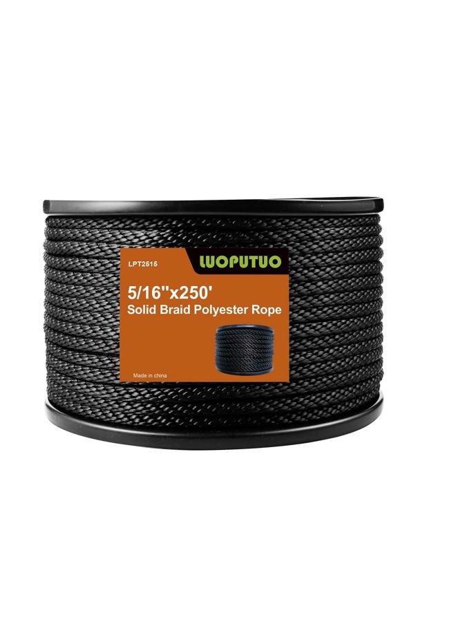 LUOPUTUO 5/16 Inch 250FT Black Polyester Solid Braid Rope | High UV & Abrasion Resistance | Industrial Grade, Low Stretch | Multipurpose for Flag Poles, Clotheslines - Image 1