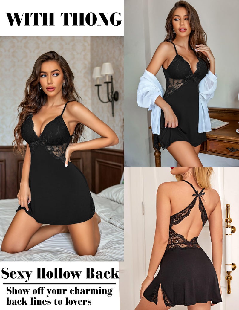 Avidlove Lingerie for Women Sexy Chemise Sleepwear Babydoll Lace Slip Dress Black Medium - Image 3