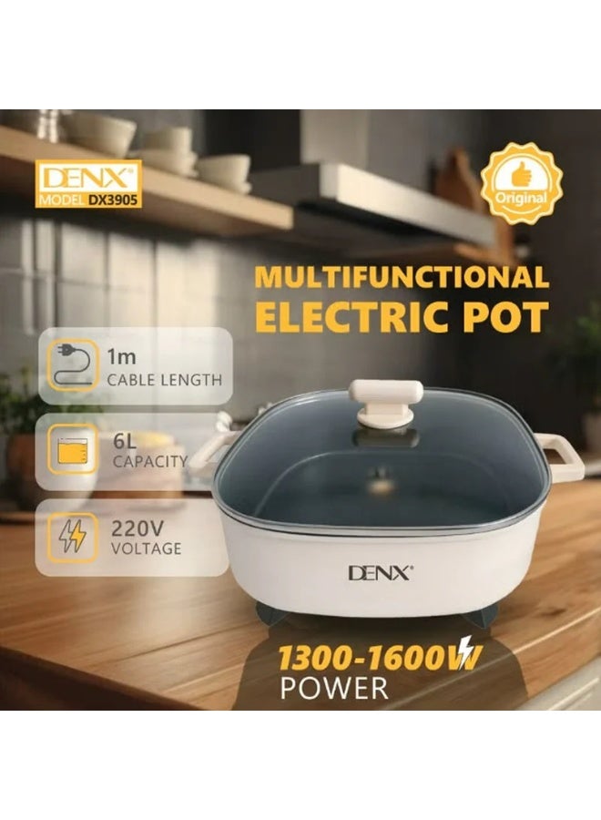 Denx 6L Multifunction Electric Pot, 1600W Fast Heating Electric Cooking Pan with Non-Stick Coating, Adjustable Temperature Control, Glass Lid, Multi Cooker for Frying, Boiling & Steaming - Image 2
