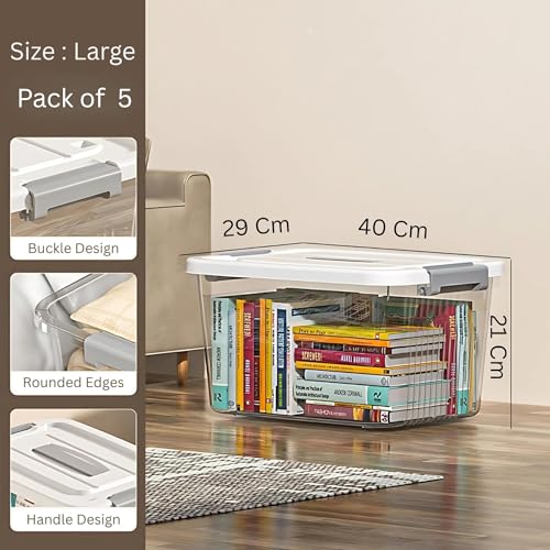 HoopVool® Multipurpose Clear Plastic Storage Box, with Locking Lid and Handles, Organize Home, Kitchen, Office, Available in Multiple Size & Sets. (PACK OF : 5, LARGE- 14.5 X 10.5 X 8.2 INCH) - Image 2