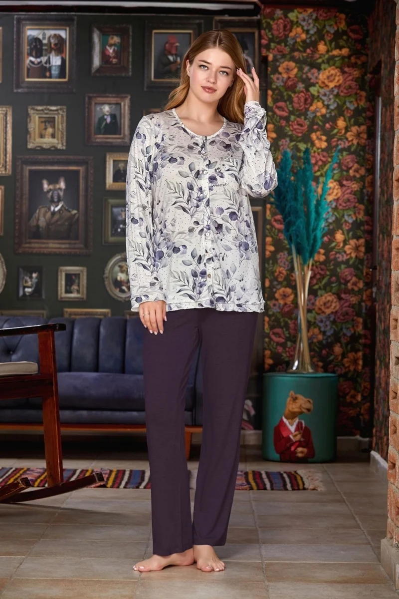 Cossy By Aqua 23140 Large Size Long Sleeve Women's Pajamas Set-Indigo