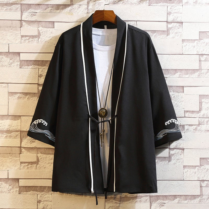 2024 Chinese Style Shirt Mens Loose Cardigan Robe Japanese Style Crane Embroidered Seven-Sleeve Hanfu Thin Coat 207 Black 