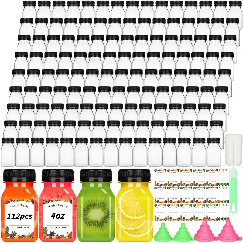 UZLU 112 Pcs 4oz Juice Bottles, Small Plastic Bottles with Caps, Reusable Clear Containers with Lids for Juicing, Smoothie and Other Beverages,Black - Image 1