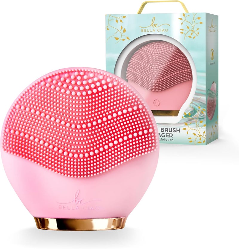 Bella Ciao Facial Cleansing Brush & Massager, Silicone Face Exfoliator - Portable, Cordless, Soft, Vibrating Face Brush, Facial Cleanser for Women, Pore Cleaner - Splashproof, Battery Operated, Pink