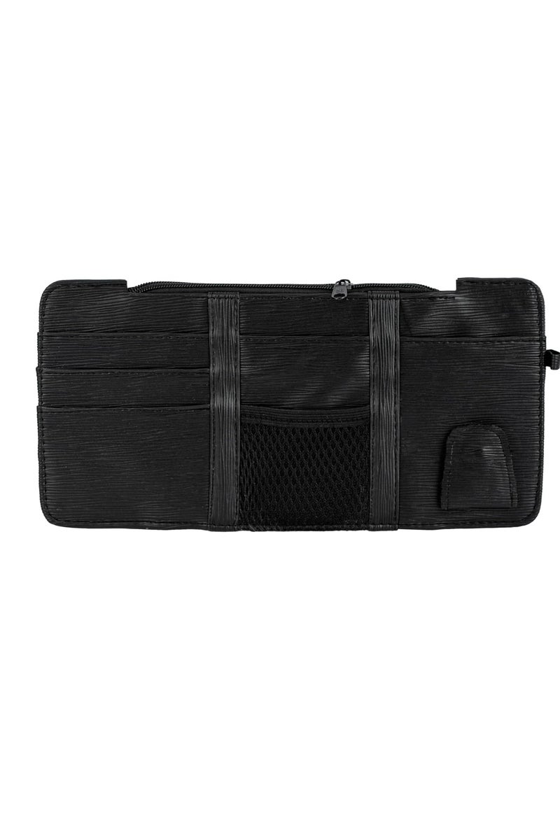 منظم واقي الشمس للسيارة من الجلد الصناعي مع فتحات للبطاقات وجيب شبكي ومشبك مغناطيسي للنظارات الشمسية وحامل أقلام - مناسب للسيارات وسيارات الدفع الرباعي - أسود مخطط - Image 1