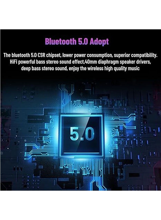 سماعة ألعاب لاسلكية فوق الأذن ، ميكروفون مدمج ، سماعة رأس بلوتوث 5.0 ، سماعة ستيريو فوق الأذن ، فتحة ذاكرة مدمجة ، عقال قابل للسحب - Image 3