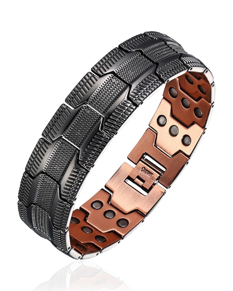 Fashtour 3X Copper Bracelet and Ring for Men, Triple Ultra Strength Magnets, Masculine Design Pure Copper Magnetic Bracelet, Adjustable Length with Sizing Tool (Black) - Image 1