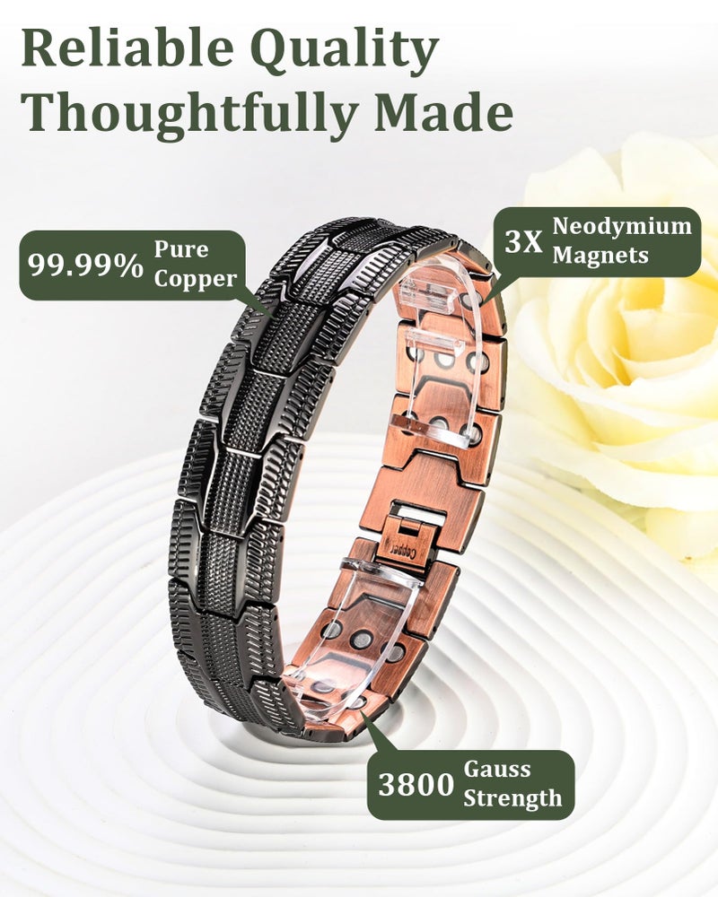 Fashtour 3X Copper Bracelet and Ring for Men, Triple Ultra Strength Magnets, Masculine Design Pure Copper Magnetic Bracelet, Adjustable Length with Sizing Tool (Black) - Image 2
