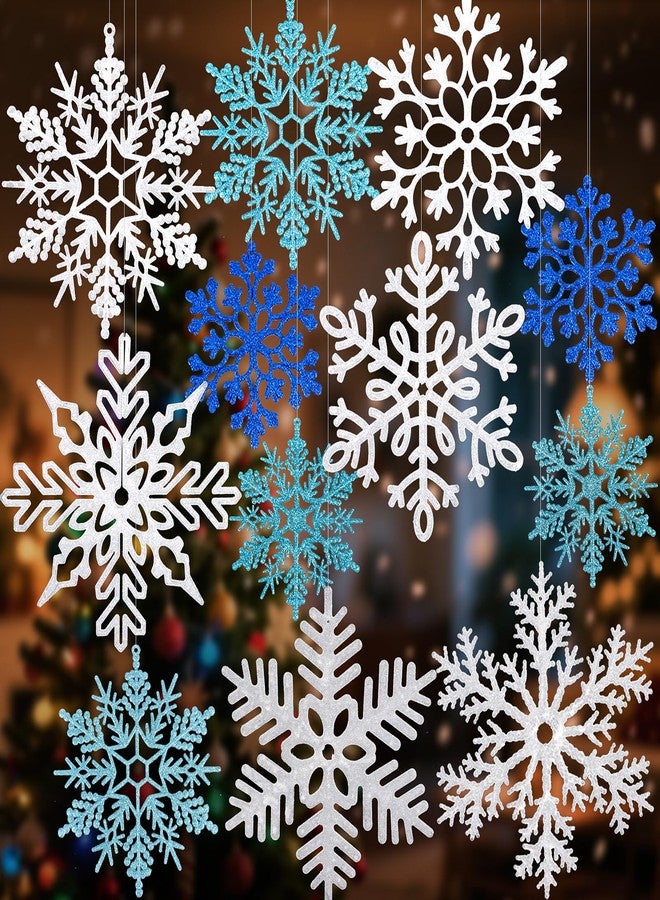 FOIMAS 12pcs Large Snowflake Ornaments, Hanging Glitter White Giant Snowflake Decorations for Xmas Tree Indoor Outdoor Winter Holiday Decor (White & Blue) - Image 1