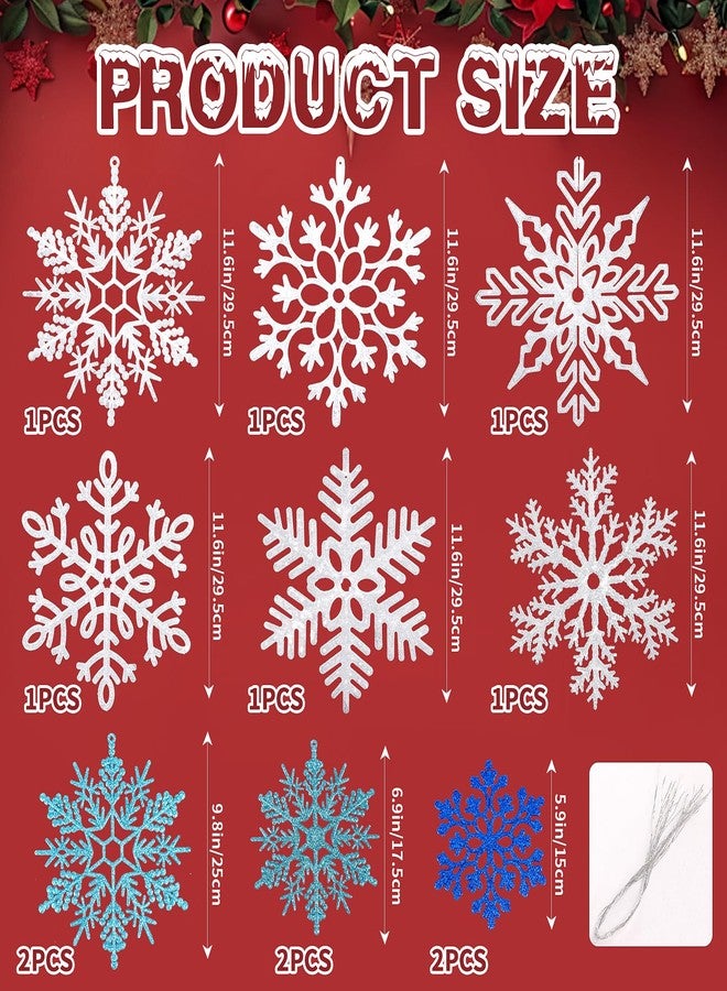 FOIMAS 12pcs Large Snowflake Ornaments, Hanging Glitter White Giant Snowflake Decorations for Xmas Tree Indoor Outdoor Winter Holiday Decor (White & Blue) - Image 2
