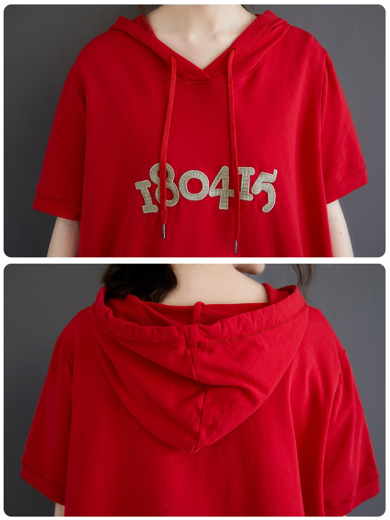 Women Loose Hoodie Short Sleeved Numbers Embroidery T-Shirts - Image 5