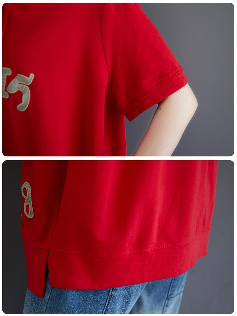 Women Loose Hoodie Short Sleeved Numbers Embroidery T-Shirts - Image 4