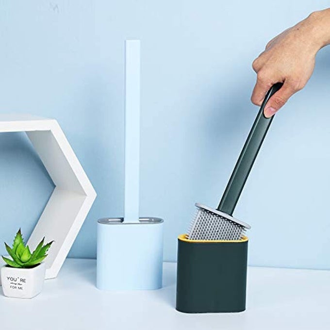 TOILET BRUSH AND HOLDER SET FLEXIBLE SILICONE BRISTLE HEAD FOR EFFICIENT BATHROOM CLEANING AND COMPACT STORAGE MULTICOLOR