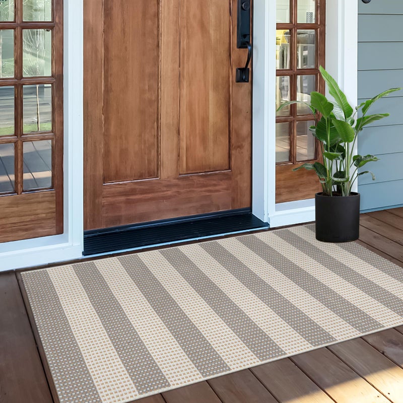 OJIA Striped Rug 24"x51" Washable Front Door Mat Outdoor Doormat Woven Entry Rug Cotton Indoor Outdoor Rug Small Checkered Rugs for Porch Kitchen Entryway Patio Bathroom (Green/White/Tan) - Image 1