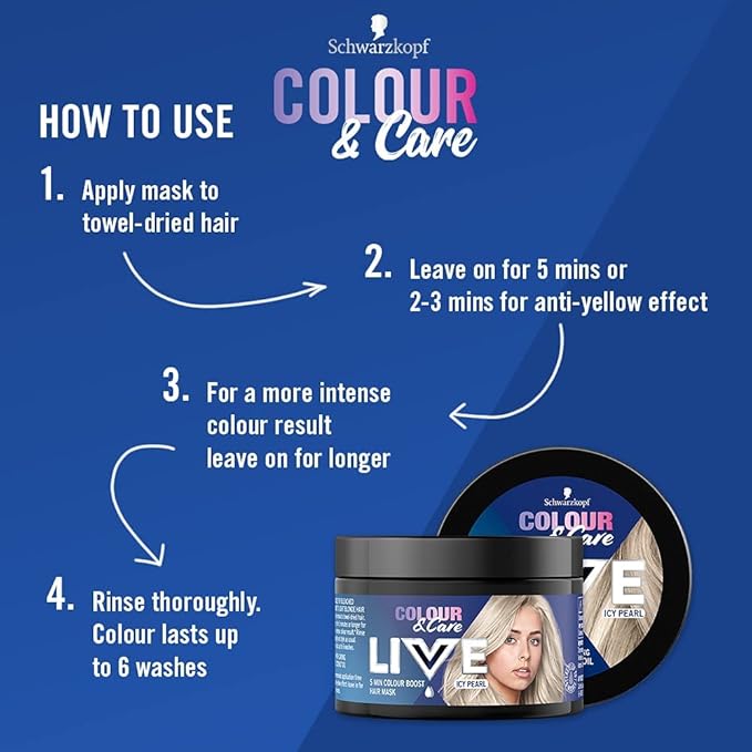 Live Schwarzkopf LIVE Colour Care Hair Mask 5 Minute Wash Out Blonde Toning Colour Boost Semipermanent Silver Hair Dye Lasts Up To 6 Washes Icy Pearl 150ml - Image 4