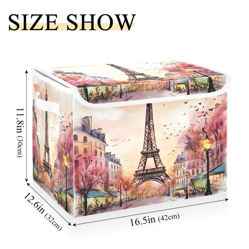 xigua Watercolor Paris Storage Bins with Lids and Carrying Handle,Foldable Storage Boxes Organizer Containers Baskets Cube with Cover for Home Bedroom Closet Office - Image 3