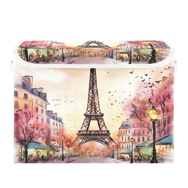 xigua Watercolor Paris Storage Bins with Lids and Carrying Handle,Foldable Storage Boxes Organizer Containers Baskets Cube with Cover for Home Bedroom Closet Office - Image 1