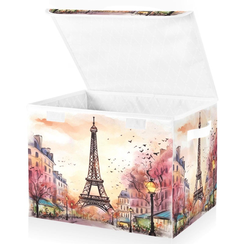 xigua Watercolor Paris Storage Bins with Lids and Carrying Handle,Foldable Storage Boxes Organizer Containers Baskets Cube with Cover for Home Bedroom Closet Office - Image 2