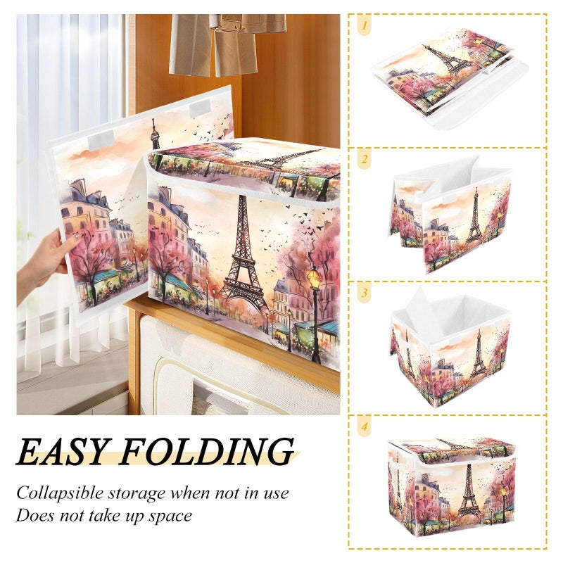 xigua Watercolor Paris Storage Bins with Lids and Carrying Handle,Foldable Storage Boxes Organizer Containers Baskets Cube with Cover for Home Bedroom Closet Office - Image 4