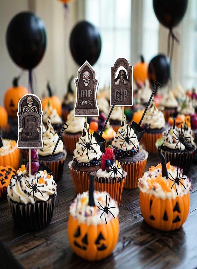 YOOHUA 96PCS Halloween Cupcake Toppers with Novelty Mini Shovel Spoons and Spiders Cake Decorations Tombstones Graveyard Cupcake Toppers for Halloween Party, Birthday Party Decoration Supplies - Image 4