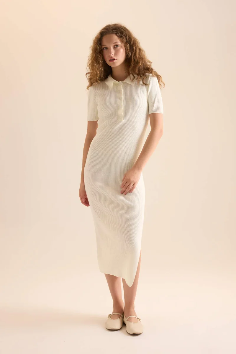 DeFacto Slim Fit Polo Collar Ribana Dress