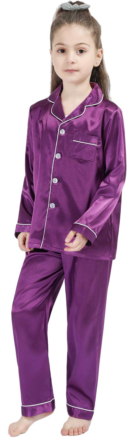 OEIU Kid Silky Satin Pajamas Set for Girls Boys pj Set Sleepwear Button-up Lounge Sets Nightwear Purple 150 - Image 5