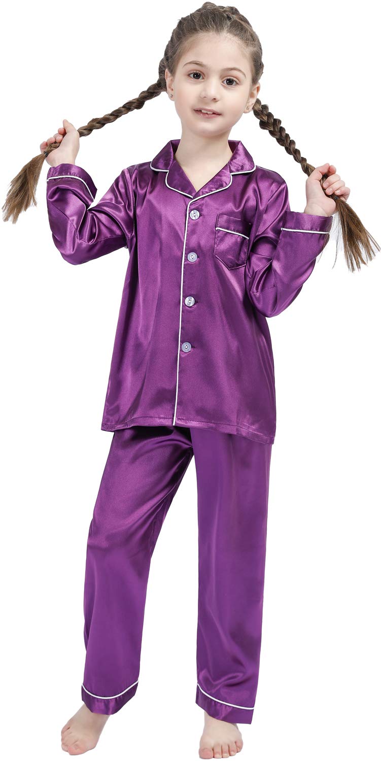 OEIU Kid Silky Satin Pajamas Set for Girls Boys pj Set Sleepwear Button-up Lounge Sets Nightwear Purple 150 - Image 2